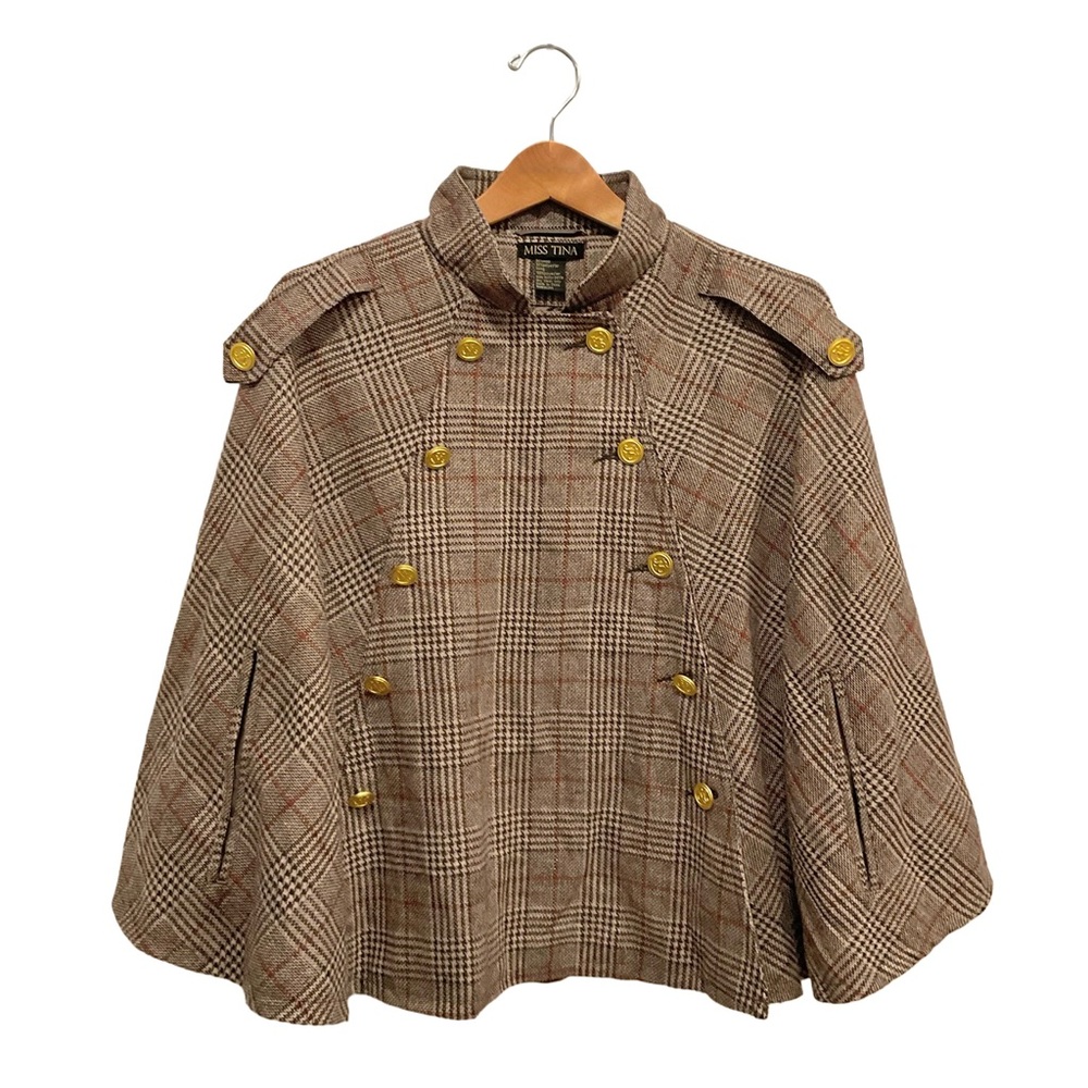 MISS TINA Brown Plaid Double-breasted Wool Blend Cape Coat